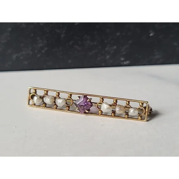 Antique 14K Yellow Gold Amethyst & Natural Pearl Bar Brooch - Picture 2 of 10